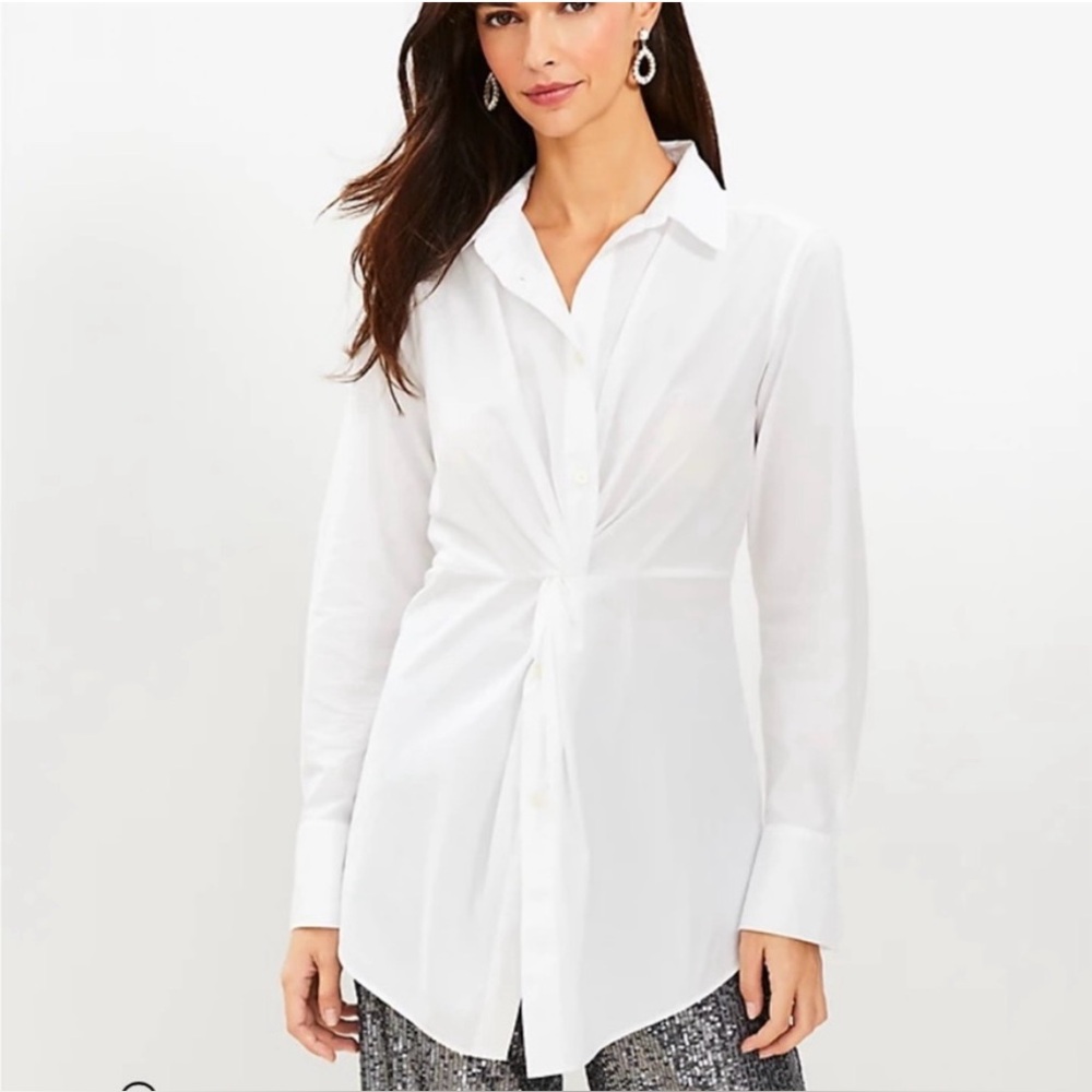 LOFT White Button-Down Twist Tunic Top
